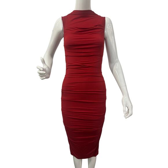 Plein Sud Sheer Mesh Ruched Sleeveless Knee-Length Wrap Dress Red Women's Size 8 - Picture 1 of 7